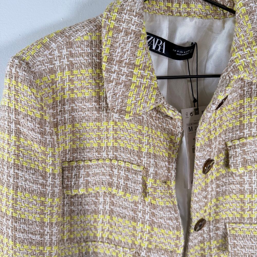 NWT Zara Textured Crop Blazer Yellow & Brown Plaid Pocket Chic Preppy Size M - Picture 4 of 9